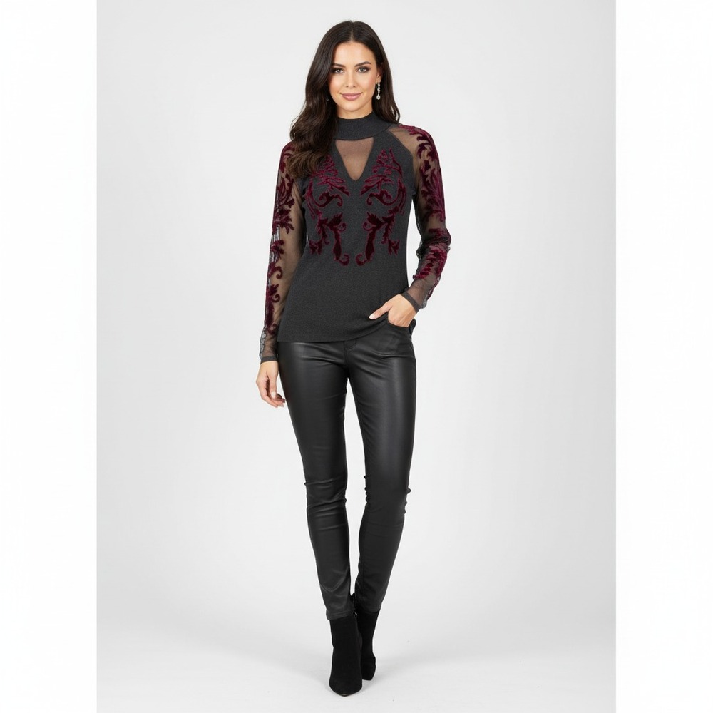 INC International Concepts Womens Velvet Flocked Mesh Top S Gothic Whimsigoth